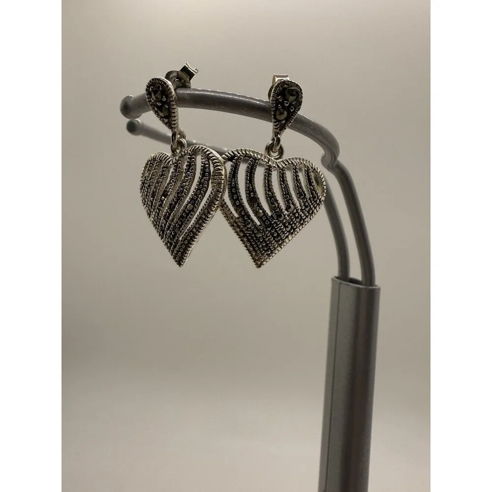 Vintage Heart Shaped Sterling Silver 925 & Marcasite Earrings Diamond Read Descr - Picture 8 of 12